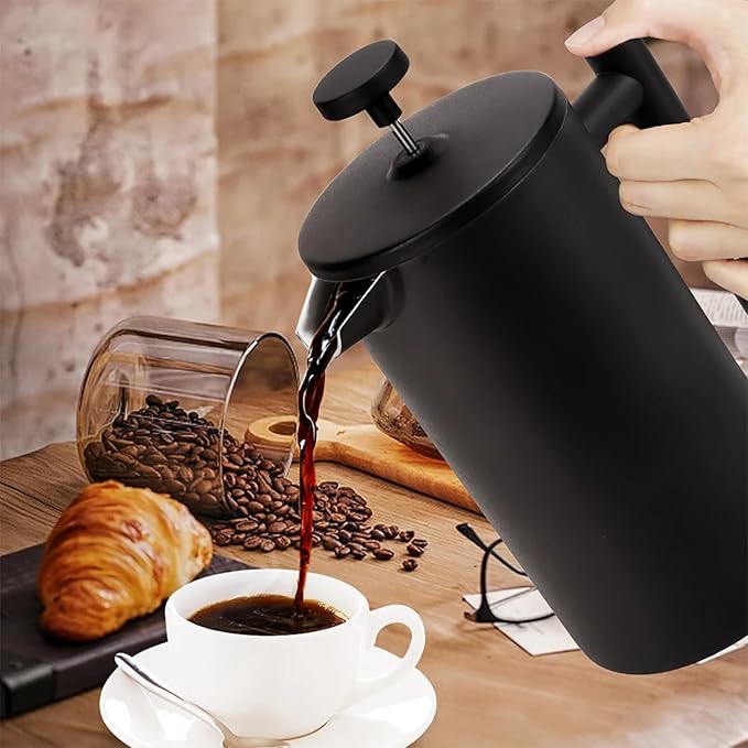 French Press Coffee MakerStainless Steel Double Wall Insulated Coffee Press 34 oz4-8 Cups Portable Hot Cold Brew Teapot Cafetera for Coffee Bar Accessories Kitchen Camping (Black34oz)