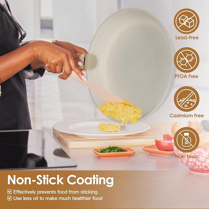 9 Pcs Pots and Pans Set White Granite Induction Cookware Non Stick Cooking Set w/Frying Pans &amp Saucepans(PFOA Free) Space Saving Detachable handles Dishwasher Safe Oven Safe
