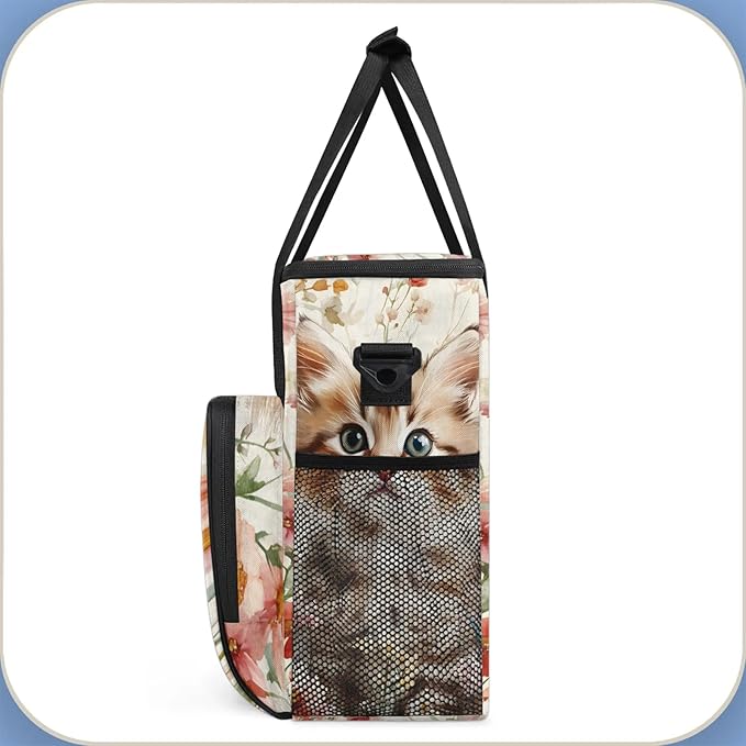 Cat Floral Coffee Maker Travel Bag Cute Cat Insulated Grocery Bag Travel Picnic Leakproof Cooler Bags With Shoulder Strap