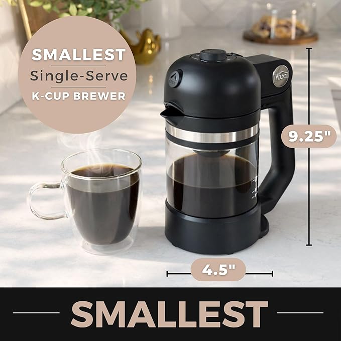 VINCI Micro Café Smallest Single-Serve Glass Coffee Brewer | Compatible with K-Cups Pods &amp Ground Coffee | Enclosed &amp Circle Flow Brewing for Hotter Richer Flavor | Brews 4oz to 20oz (Black)