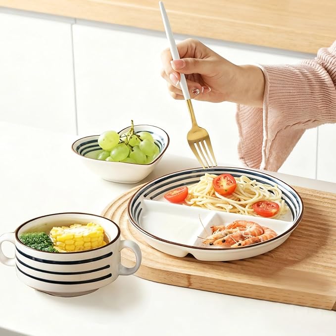 3 Pcs Japanese Style Ceramic Dinnerware Set Divided Plate Heart Bowl Handled Cup for Youngsters &amp Adults