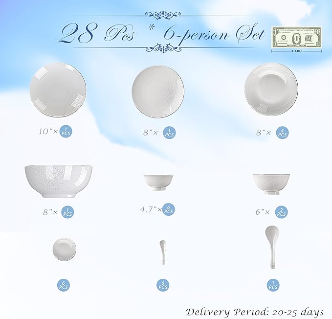 Fine Bone China Dinnerware SetPorcelain&ampCeramic Dinnerware SetsBone Stoneware &amp Ceramic Cookware Tableware Set Includes Dinner Plates|Spoons|Pasta Bowls|Soup Pot|Chopsticks (28PCS * 6-Person