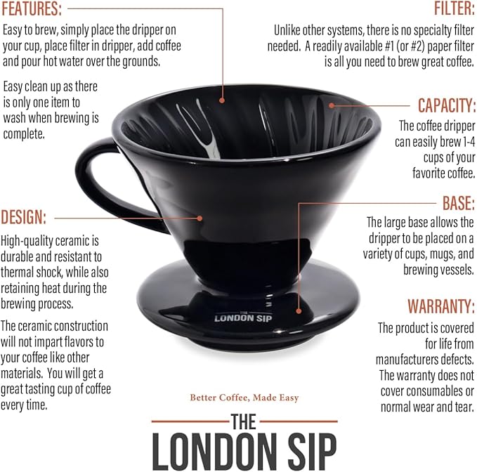The London Sip Ceramic Coffee Dripper Pour Over Ceramic Coffee Maker Coffee Slow Brewing Accessories for Home 1-4 Cup Black