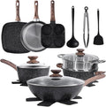 17 Pcs Nonstick Pots &amp Pans Non-toxic Kitchen Cooking Set with Stay-Cool Handles (Black)