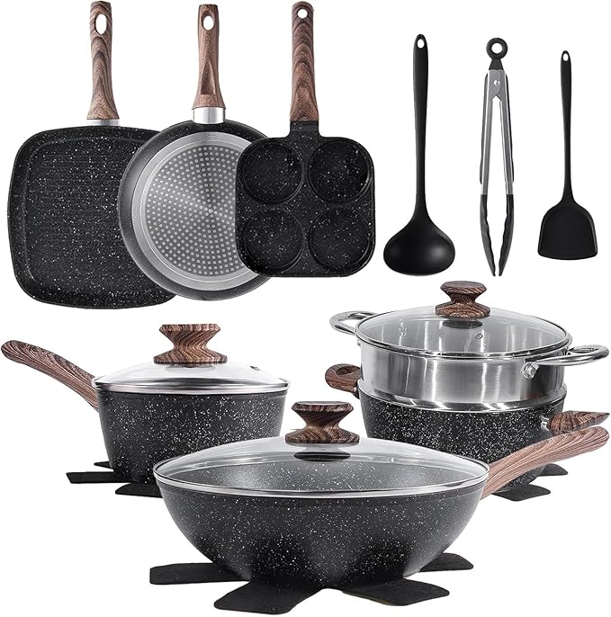 17 Pcs Nonstick Pots &amp Pans Non-toxic Kitchen Cooking Set with Stay-Cool Handles (Black)