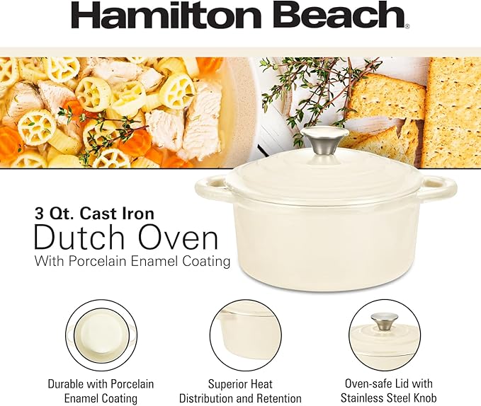 Hamilton Beach 3-Quart Enameled Cast Iron Dutch Oven Pot with Lid Cream