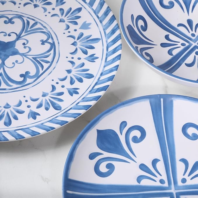 Melamine Dinnerware Sets for 4 12-Piece Plates and Bowls Sets - 4 Dinner Plates 4 Salad Plates 4 Cereal Bowls - Shatterproof &amp Lightweight for Indoor/Outdoor Dining Embossed Textures