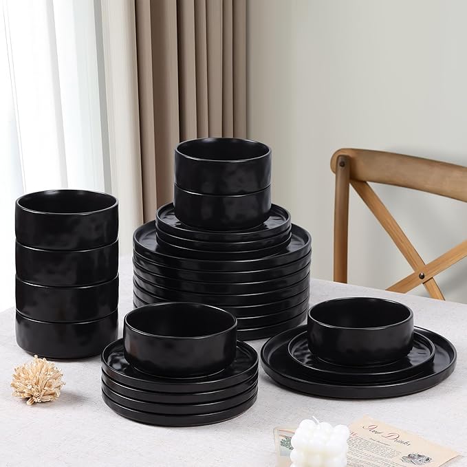 LIANYU Stoneware Dinnerware Dishes Sets for 8 24 Piece Plates and Bowls Dishware Set Ceramic Dinning Ware Includes Dinner Salad Plates Cereal Bowls Chip &amp Scratch Resistant Obsidian Matte Bla