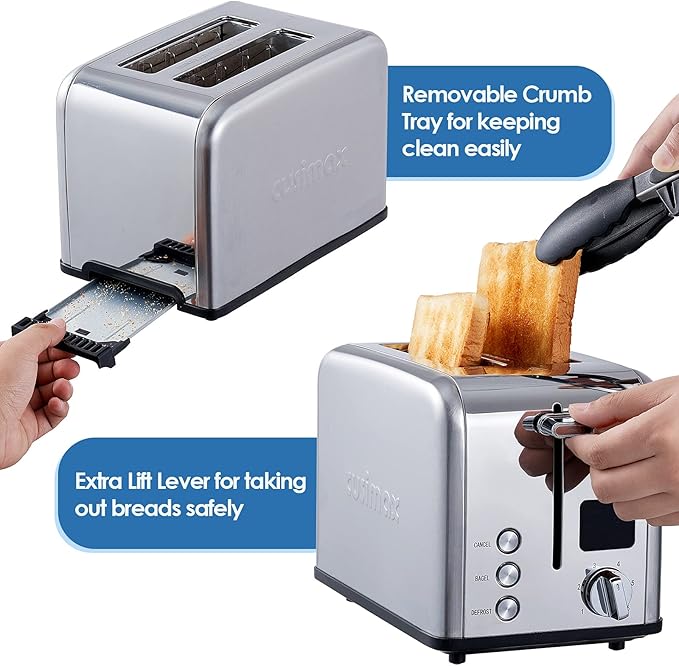CUSIMAX Stainless Steel 2 Slice Toaster with LED Display Extra-wide Slots 6 Browning Settings Cancel/Bagel/Defrost Removable Crumb Tray Silver