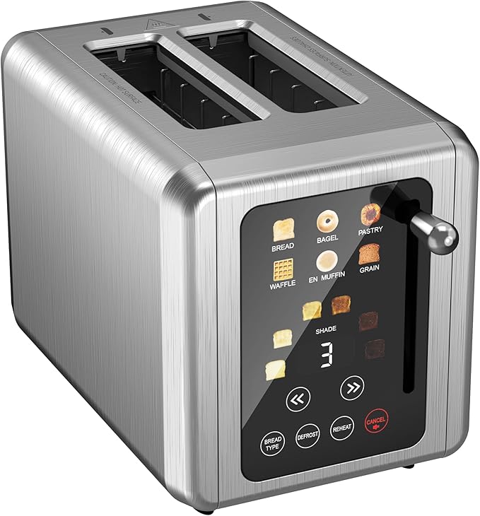 WHALL® Touch Screen Toaster 2 Slice Stainless Steel Digital Timer Toaster 6 Bread Types &amp 6 Shade Settings Smart Extra Wide Slots Toaster With Bagel Cancel Defrost Functions