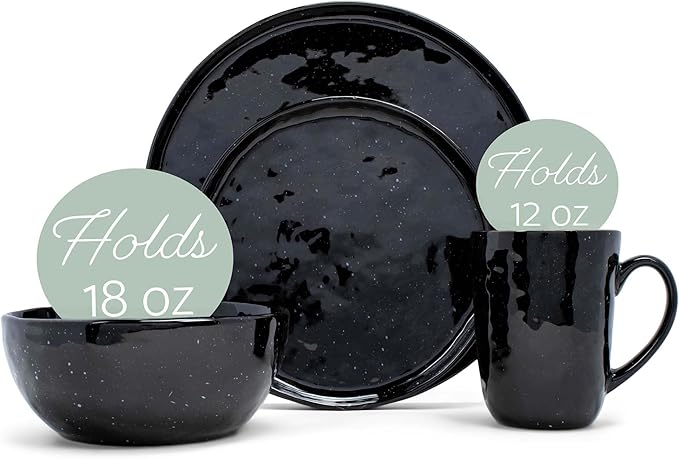 Elanze Designs Shiny Speckled Western Country Style Ceramic Plates Bowls Mugs Dinnerware 16 Piece Set - Service for 4 Black