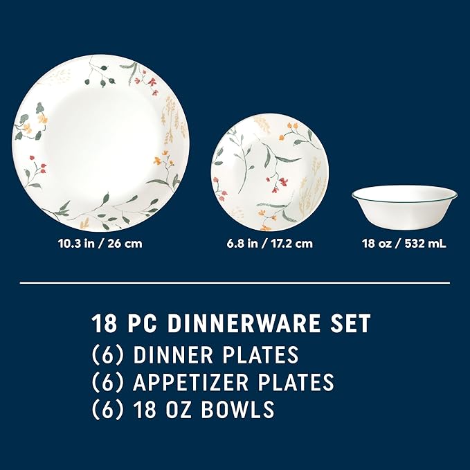 Corelle Vitrelle 18 Piece Glass Dinnerware Sets Service for 6 Triple Layer Chip &amp Crack Resistant Glass Plate and Bowl Sets Wildflower