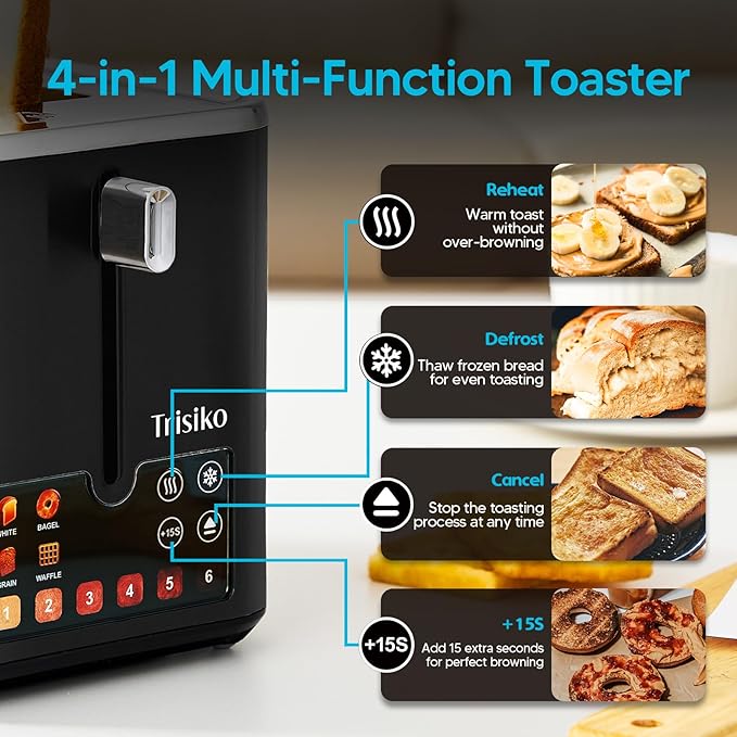 Trisiko® Touch Screen Toaster 2 SliceSmart Toaster with Digital Timer 1.38 Extra-Wide Slots for Bread&amp Bagelwith Reheat Defrost Cancel +15s Boost Great for Home Office Dorm (Black)