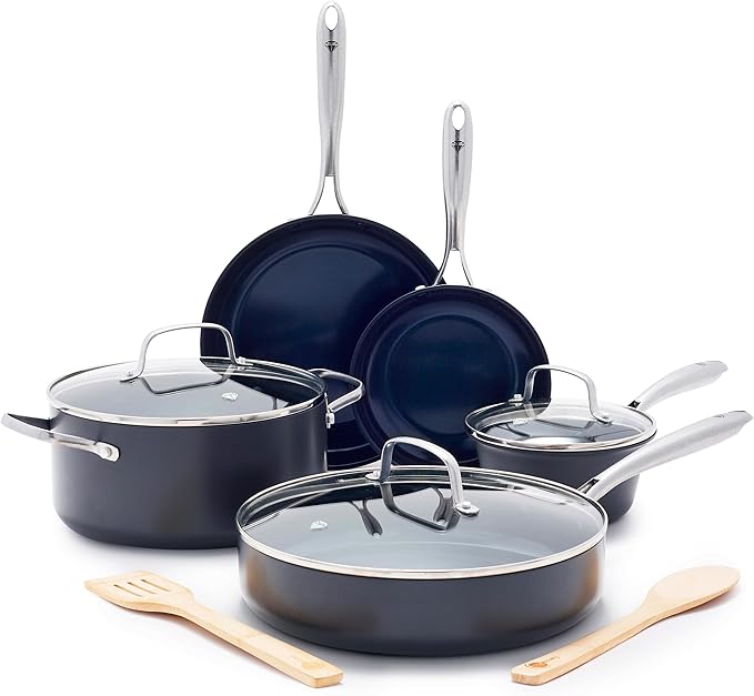 Blue Diamond Cookware Hard Anodized Ceramic Nonstick 10 Piece Cookware Pots and Pans Set Non-Toxic PFAS-Free Dishwasher and Oven Safe Durable Even Heating Metal Utensil Safe Gray