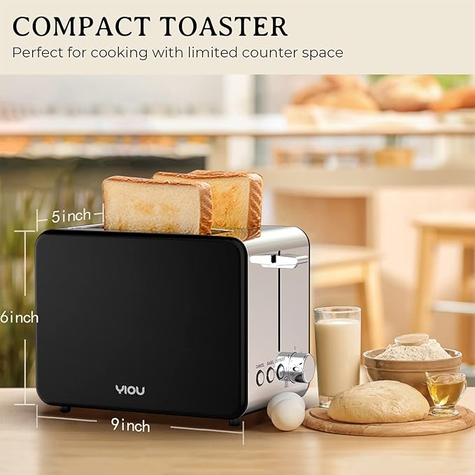 YIOU Toaster 2 Slice with Stainless Steel1.5 Inch Extra Wide Slots6 Browning Settings Bagel Toaster with Reheat Defrost Cancel Function Removable Crumb Tray Easy Cleaning T2S-Metal Black