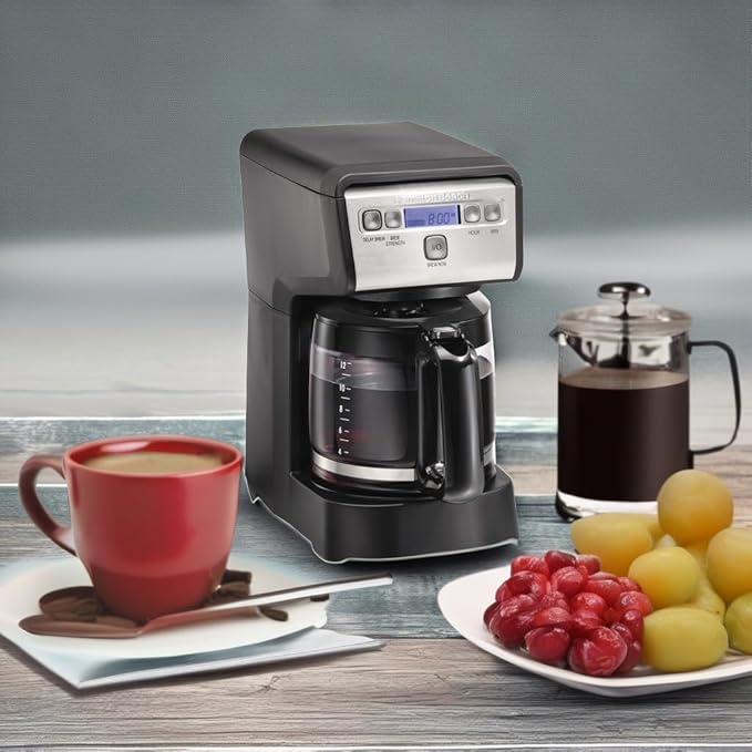 Hamiton Beach 12 Cup Compact Programmable Drip Coffee Maker with No-Drip Burosilicate Glass Carafe 2-Hour Auto Shutoff Space-Saving Design Black with Stainless Steel Accents (46200)