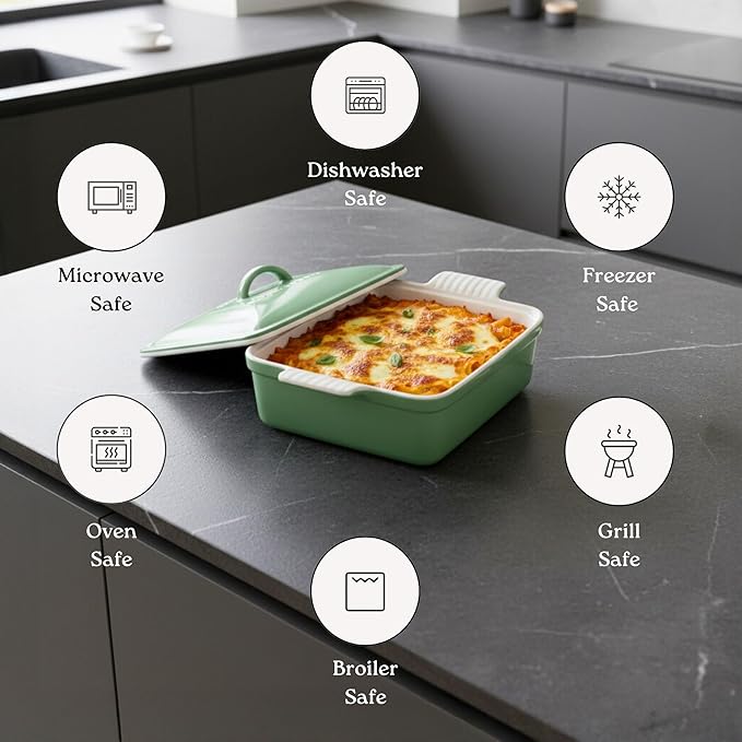 Stoneware Casserole Dish Bakeware with Lid | Covered Square Dinnerware | Medium 2 Quart [Ocean Blue]