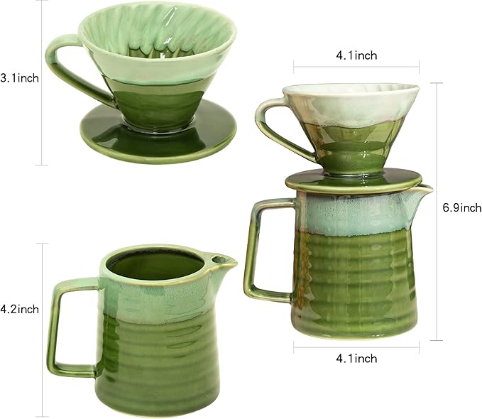 Topadorn Pour Over Coffee Maker Set 13 Oz Ceramic Coffee Maker &amp Pour Over Coffee Dripper Reusable Drip Coffee Maker for Café Restaurant Home Camping Green