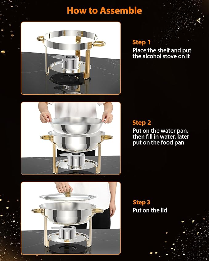 Commercial 5QT Round Chafing Dish Buffet Set – 2-Pack Stainless Steel Food Warmers with Glass Lid Holder Spoon &amp Tweezer – Gold Perfect for Catering Banquets Weddings – 2-piece Set