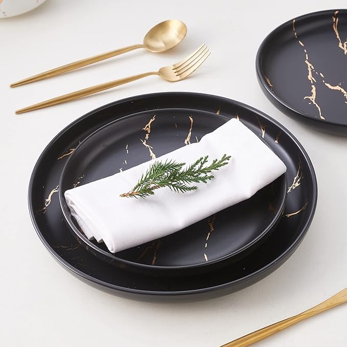 Black Gold Splash Dinnerware Sets Marble Porcelain Plates and Bowls Sets Modern Luxury Dish Set for 4 12 Pieces Fine China Plates Set for Formal Dinners and Anniversaries