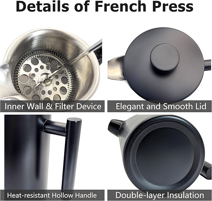 YJX 34oz Coffee Maker Stainless Steel French Press 1 Liter Camping Coffee Pot Tea Maker 34 Ounce Travel Coffee Presses Heat Resistant Double Insulated (Black)