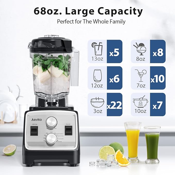 Aeitto Blenders for Kitchen with 1800W Motor 68Oz. Large Capacity 2-in-1 Blender &amp Grinder Combo BPA-Free Countertop Professional Blender for Smoothies Ice Crush Frozen Drinks Silver