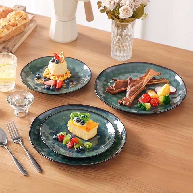 vancasso Starry Dinnerware Set for 4 Handmade Reactive Glaze Stoneware 12 Pieces Plates and Bowls Sets Dishwasher and Microwave Safe Dish Set Green