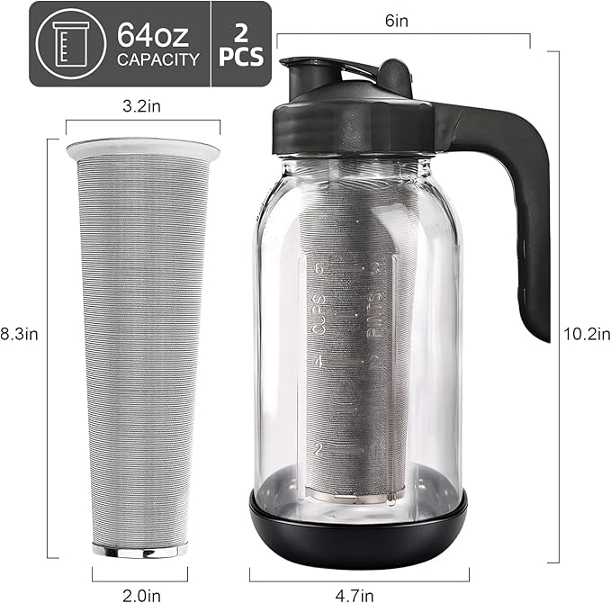 2 PCS Cold Brew Coffee Maker64 oz Mason Jar Pour Spout Lid Refillable Stainless Steel FilterNon-slip Silicone Sleeve for Glass Pitcher Homemade BeverageFor Home Baristas &amp Coffee Enthusiasts