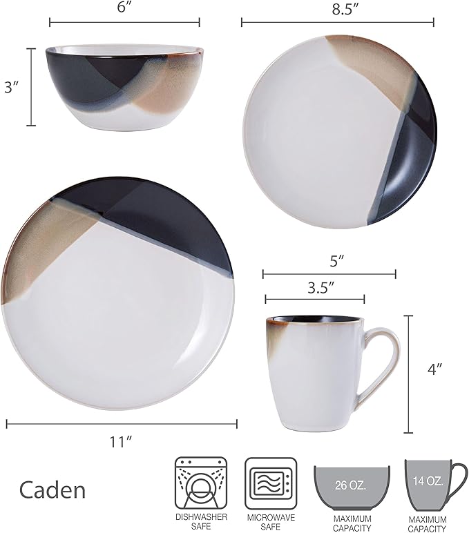 Gourmet Basics by Mikasa Caden 16-Piece Stoneware Dinnerware Set — Service for 4 Reactive Glaze Black/Tan &amp White Finish Microwave &amp Dishwasher Safe Everyday &amp Formal Use