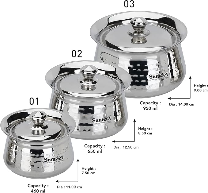 Sumeet Stainless Steel Handcrafted Hammered Texture Handi Set with Lid for Kitchen Set of 3 460ml 650ml &amp 950ml Silver