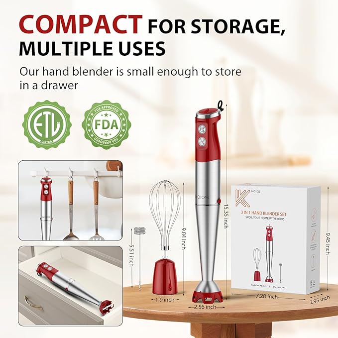 KOIOS Immersion Blender 1000W Anti-scratch 3-in-1 Hand Blender Upgraded 12 Speed Stainless Steel Blade Stick Blender with Turbo Mode Whisk and Milk Frother Non-BPA Red