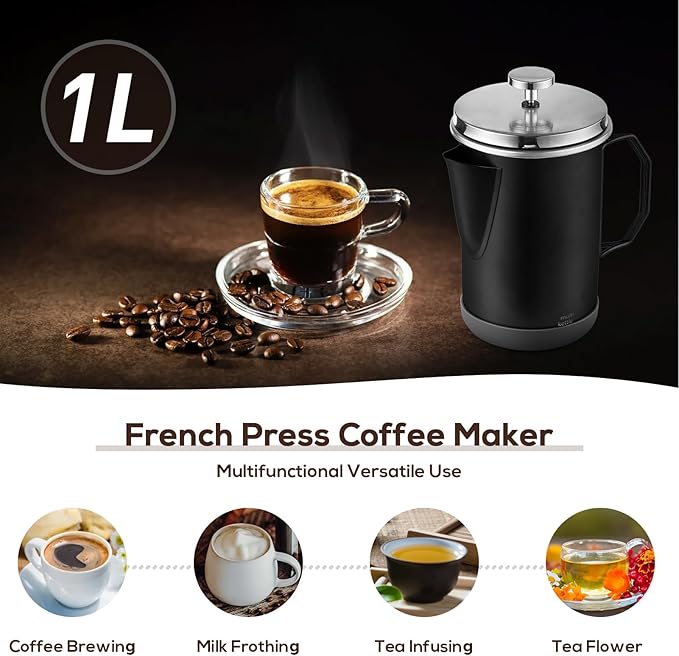 French Press Coffee Maker 33oz Stainless Steel French Press Coffee Tea Maker Insulated Large Capacity Tea Presses with Foldable Handle for Home Kitchen Caming Loose Tea (Black)