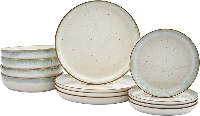 Tabletops Gallery Speckled Farmhouse Collection- Stoneware Dishes Service for 4 Dinner Salad Appetizer Dessert Plate Bowls 12 Piece Hanover Dinnerware Set in Teal
