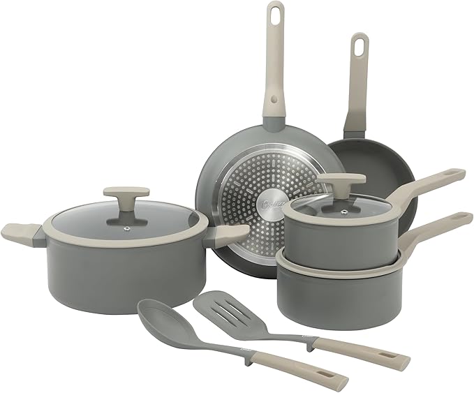 Oster Ambrose 10 Piece Forged Aluminum Premium PFA Free Ceramic Nonstick Pots and Pans Cookware Set W/Induction &ampStay Cool Handles - Grey/Taupe