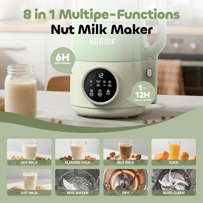 Nut Milk Maker Machine Soy Milk &amp Oat Milk Maker with 8 Presets High-Speed Blender Auto-Clean Delay Start 33oz Almond Milk Maker for Plant-Based &amp Dairy-Free Beverages Green