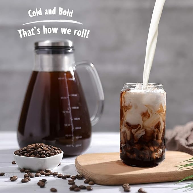 Cold Brew Iced Coffee Maker 51oz Brewed Coffee Pot with Removable Double Mesh 304 Stainless Steel Filter BPA-Free Cold Brew Pitcher Glass Container Tea Maker