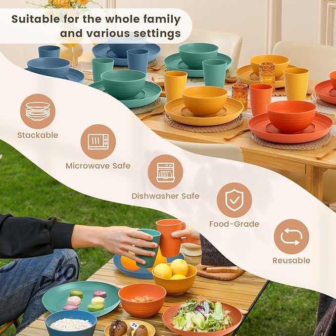 Homienly Dinnerware Set 32-Piece Wheat Straw Dinnerware Sets Unbreakable Reusable Dinnerware Set Kitchen Cups Plates and Bowls Sets Microwave and Dishwasher Safe Dishes for Camping Outdoor-Colorful