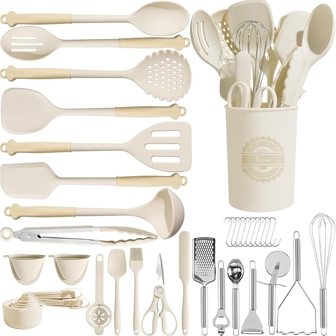 Kikcoin 43Pcs Large Kitchen Utensils Set - Silicone Cooking Utensils Set Dishwasher Safe Spatula Set for Non-stick Cookware 446°F Heat Resistant Kitchen Utensils Set with Holder BPA Free Cream