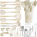 Kikcoin 43Pcs Large Kitchen Utensils Set - Silicone Cooking Utensils Set Dishwasher Safe Spatula Set for Non-stick Cookware 446°F Heat Resistant Kitchen Utensils Set with Holder BPA Free Cream