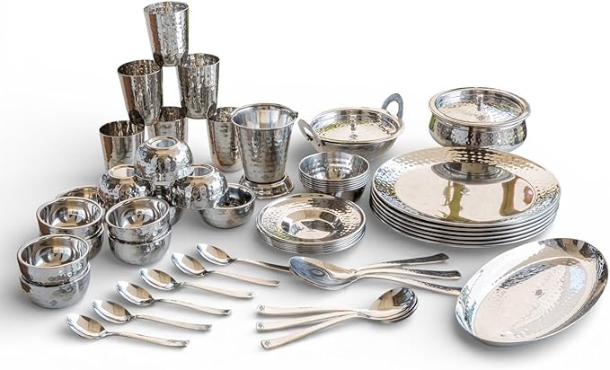 Indian Art Villa Stainless Steel Dinner Set/Thali Set of 52 Pieces Dinnerware Tableware Or Crockery