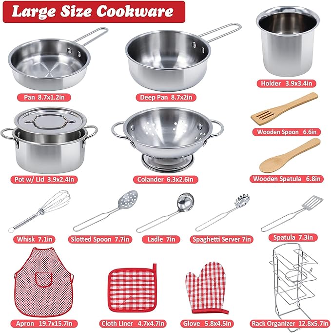 Kids Pretend Play Kitchen Toys Accessories Set 32 Items Stainless Steel Toy Pots and Pans Sets w/ Rack Organizer Metal Cooking Utensils &amp Apron Play Food w/ Basket for Kids Girls Boys Toddlers