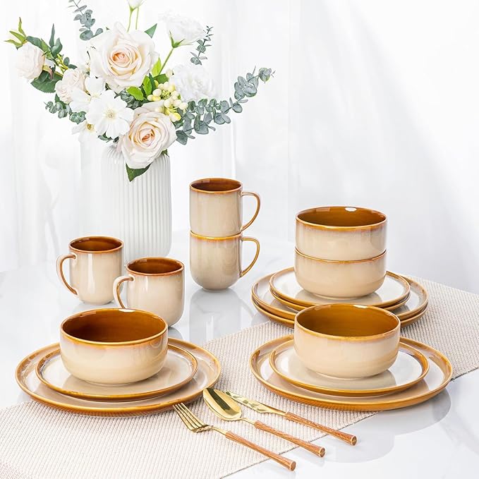 LERATIO Ceramic Dinnerware Sets for 8Plates and Bowls SetsReactive Glaze Dishes SetHighly Chip and Crack Resistant | Dishwasher &amp Microwave &amp Oven Safe Dishes setService for 8-Kahki (24pc)