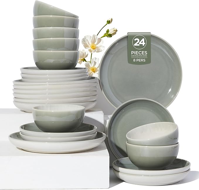 Plates and Bowls Sets for 8 24 Piece Dinnerware Set for Large Families &amp Entertaining Elegant Design Dishwasher &amp Microwave Safe Chip Resistant and Durable Gray Green