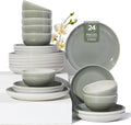 Plates and Bowls Sets for 8 24 Piece Dinnerware Set for Large Families &amp Entertaining Elegant Design Dishwasher &amp Microwave Safe Chip Resistant and Durable Gray Green