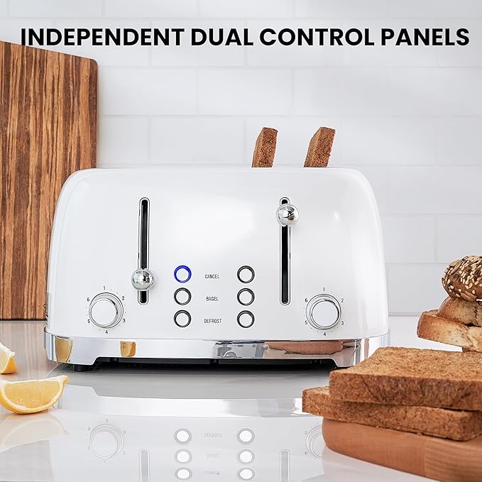 Roter Mond 4 Slice Toaster Retro Stainless Steel with Bagel Defrost Cancel Function 6 Browning Settings Extre Wide Slot and Removable Crumb Tray White ST033