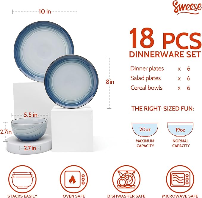 Sweese Porcelain Dinnerware Sets for 6 18 Pieces Ceramic Plates and Bowls Sets Handcrafted Minimalist Dinner Set Chip and Scratch Resistant Dish Set Dishwasher &amp Microwave Safe Ocean Blue