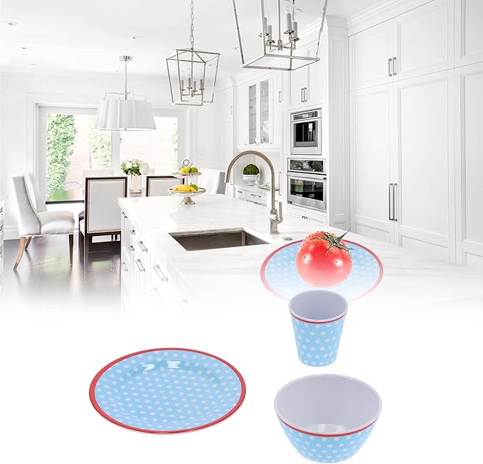 Alvinlite Dinnerware Set 12PCS Reusable Light Blue Dot Bowl Dish Set Tableware Set for Restaurant Kitchen