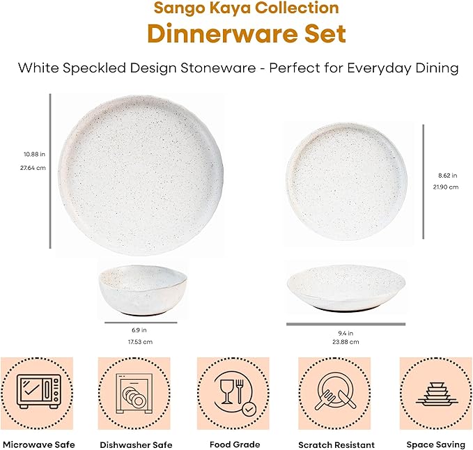 Sango 16-Piece Boho Farmhouse Stoneware Dinnerware Set for 4 Semi-Matte White Plates and Bowls Sets with Rustic Speckled Glaze Ceramic Dish Set Modern Dishes Microwave &amp Dishwasher Safe Kaya