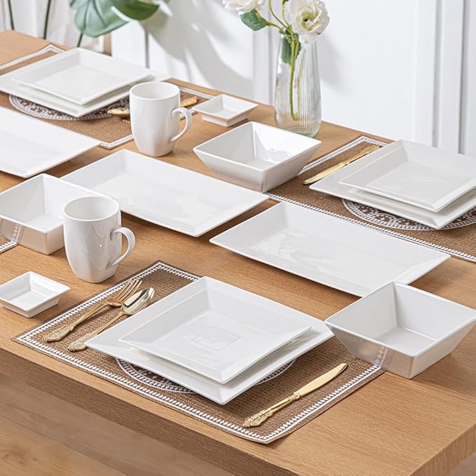 Porlien 16-Piece Classic Square Dinnerware Set for 4-Square Dinner Plates Dessert Plates Bowls &amp Dipping Saucers Off White Dishes for 4