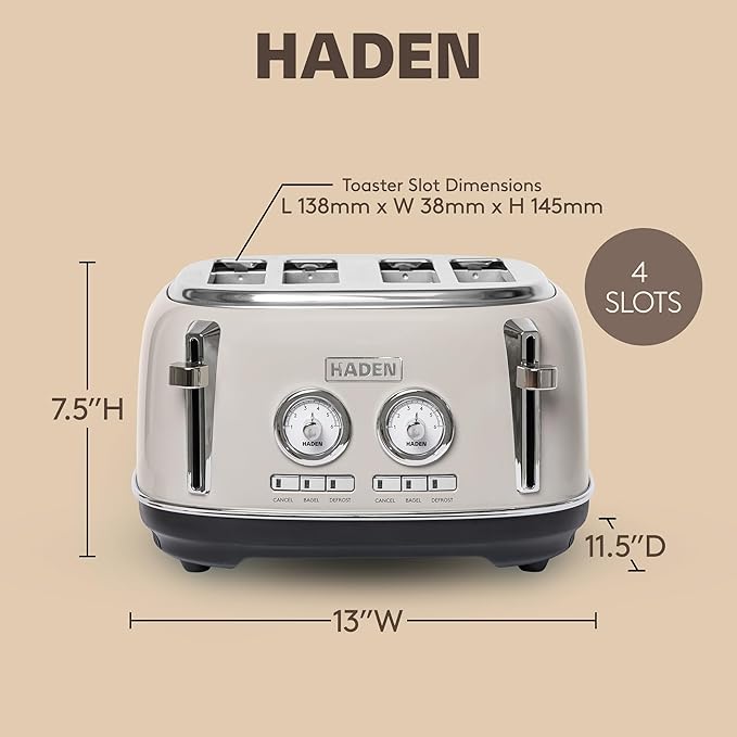 Haden Dorset 4-Slice Wide-Slot Toaster Stainless-Steel Bread Toaster with Adjustable Browning Control Crumb Tray &amp Non-Slip Feet Putty &amp Chrome